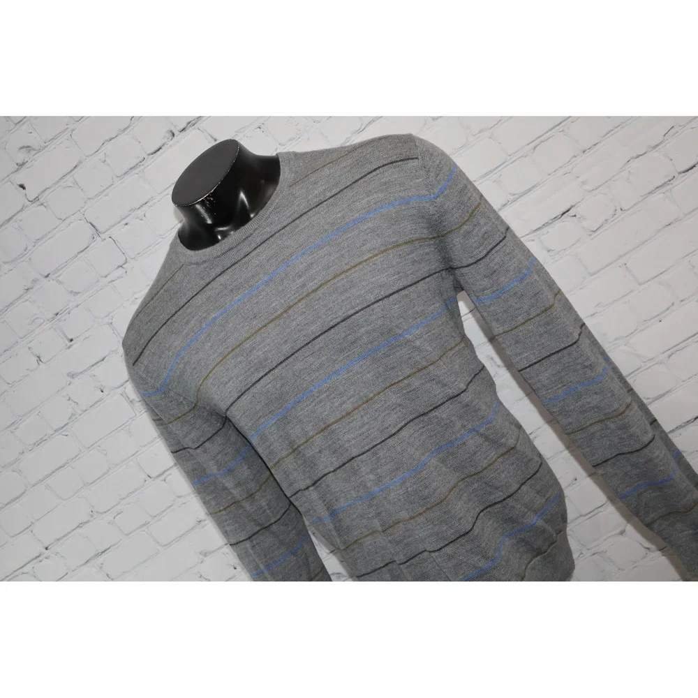 Banana Republic Sweater Mens XL Gray Striped Merino Wool Crew Neck Long Sleeve